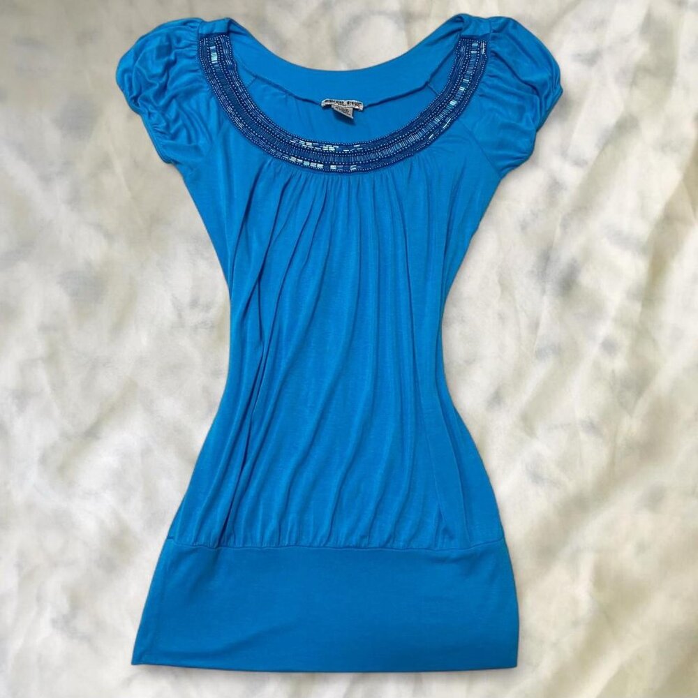 🌸🌀Y2K Blue Beaded Scoop Neck Tunic Mini Dress – Empire Stretch Fit🌀🌸